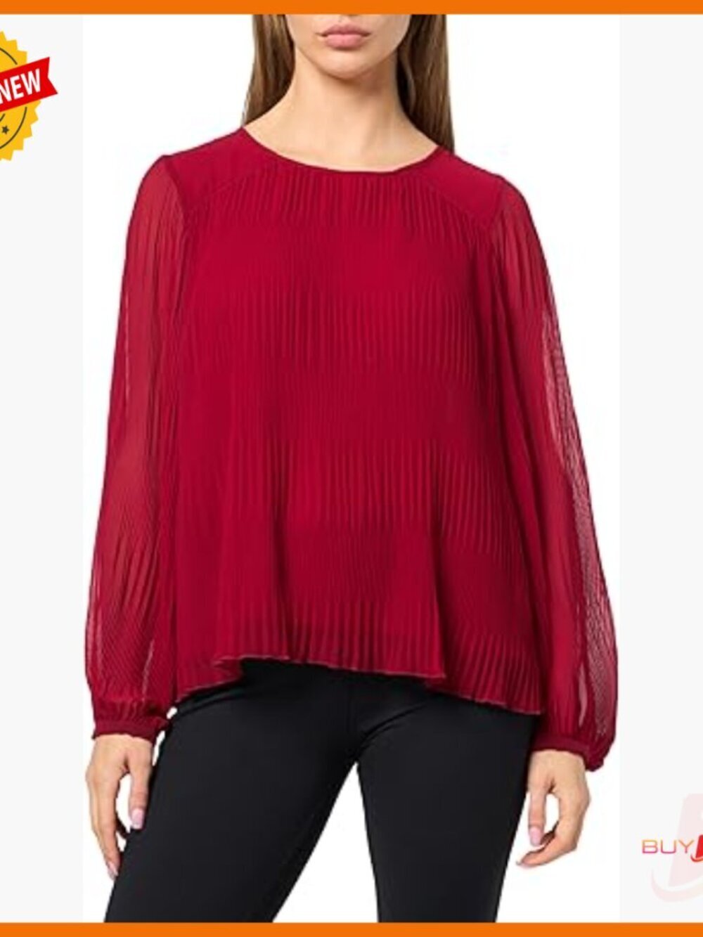 Pleated Crew Neck Long Sleeve Blouse Regular Fit Polyester Workwear
